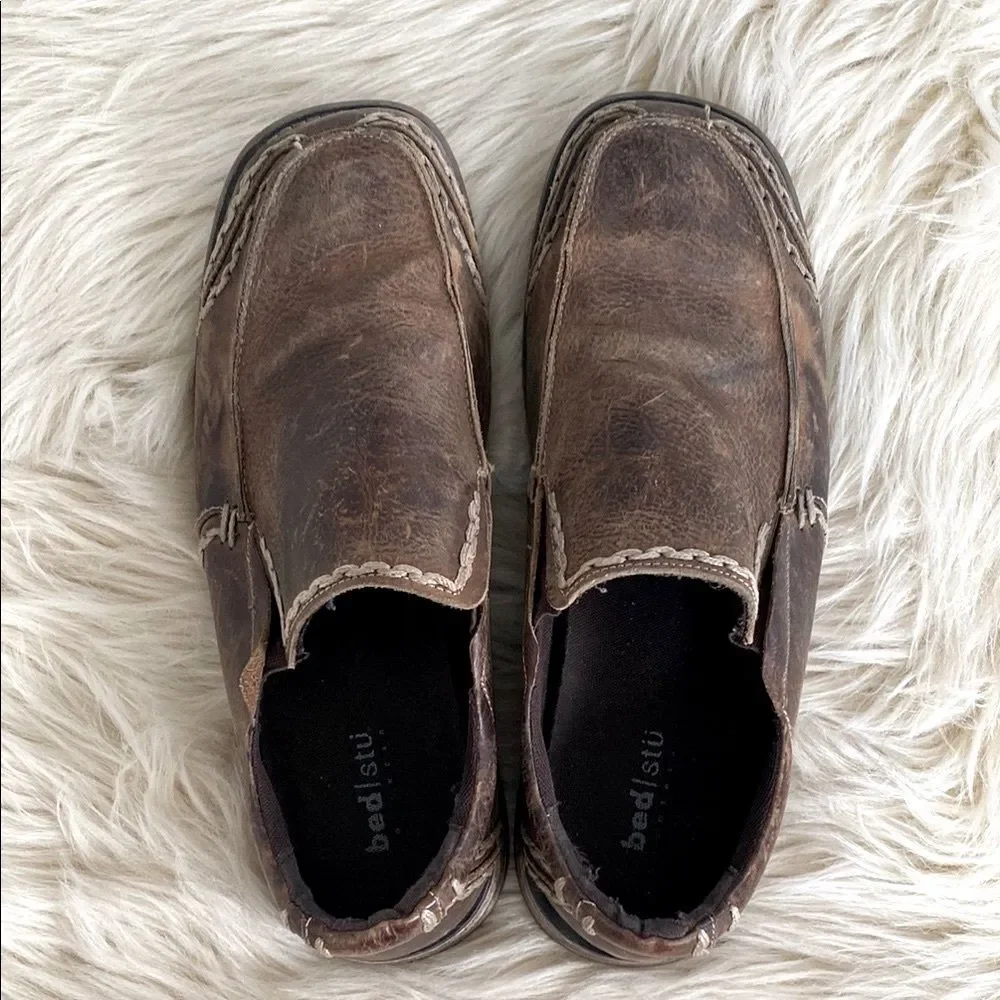 Bed Stu Men's Brown Leather Slip-On Loafers Distressed Rugged Look sz 12.5